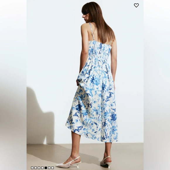 H&M linen blend midi dress sundress floral square neck spaghetti strap classic - Picture 4 of 15